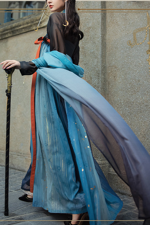 Black/Blue Hot Stamping Embroidered Ancient Flowy Classic Hanfu Dress Full Set