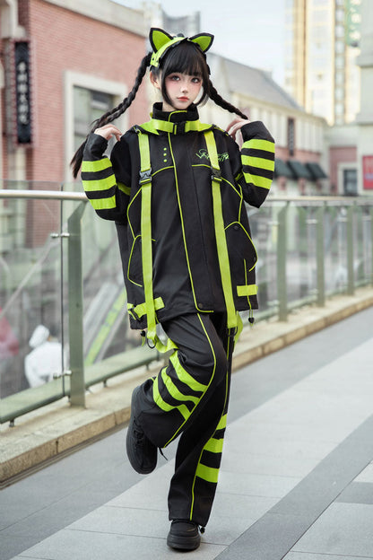 Yellow/Green/Black Long Sleeves Print Cat Ears Hooded Jirai Kei Handsome Coat