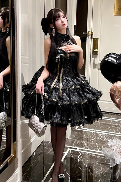 Black [First Kiss] Halterneck Triple-Layered Ruffle Lace Hot Stamping Gothic Princess Lolita Dress