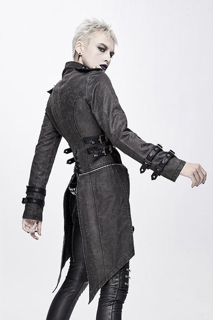 Black Spiked Zipper Up Punk Mesh Womens Coat With Loops