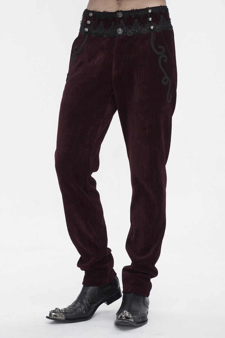 Red High Waisted Lace Splice Men's Gothic Pants