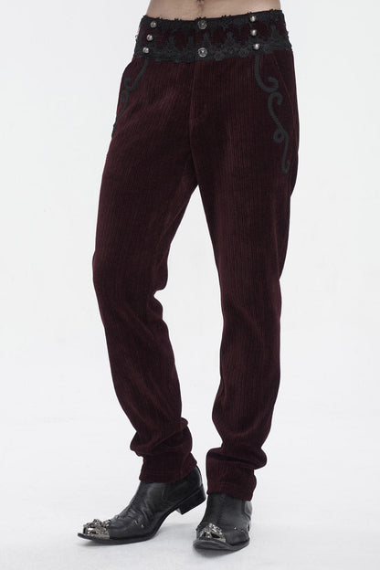 Red High Waisted Lace Splice Men's Gothic Pants
