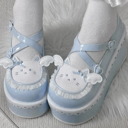Cat Design Ruffled Cross Strap Round-Toe Daily Sweet Lolita Platform Shoes 4 Colors