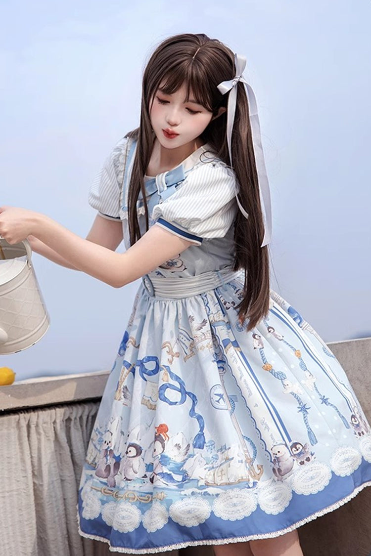 Blue [Penguin Navy] Short Sleeves Print Ruffle Bowknot Sweet Princess Lolita Dress