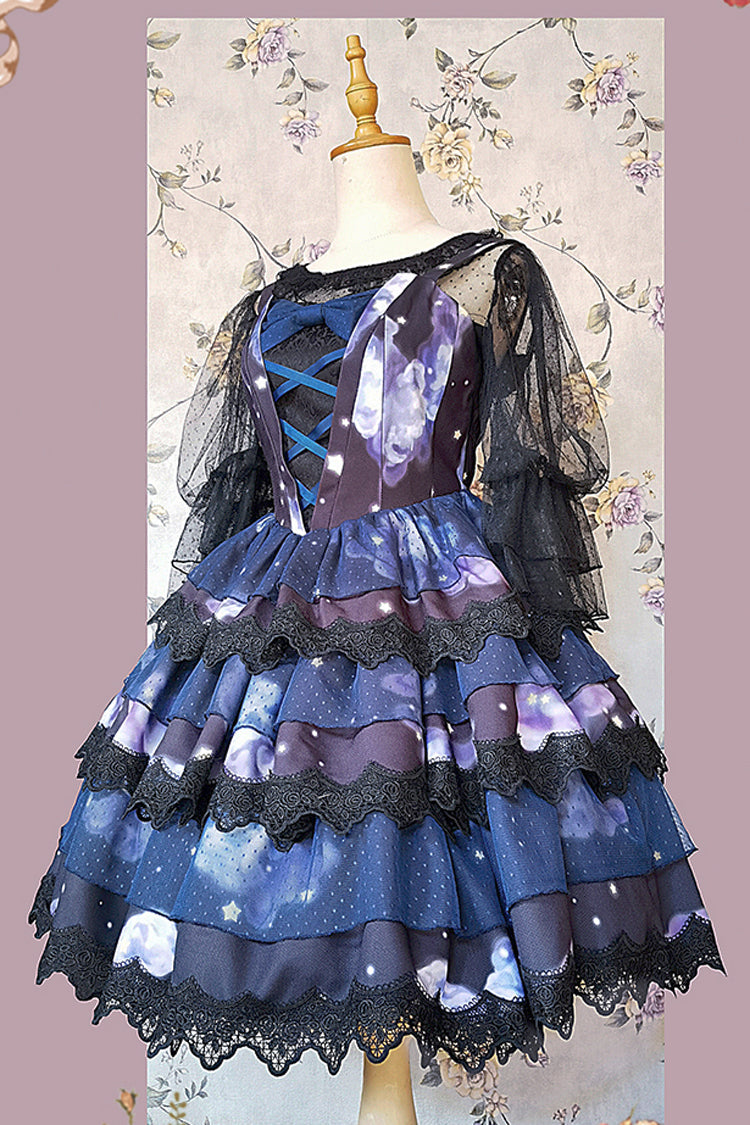 Blue Triple-Layered Clouds Print Ruffle Stitching Lace Sweet Lolita Dress