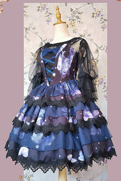 Blue Triple-Layered Clouds Print Ruffle Stitching Lace Sweet Lolita Dress