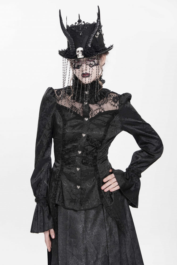 Black Stand Collar Long Sleeves Jacquard Hollow Lace Women's Gothic Blouse