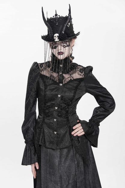 Black Stand Collar Long Sleeves Jacquard Hollow Lace Women's Gothic Blouse