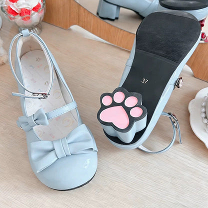 Round Toe Bow Mid Heel Lolita Mary Jane Shoes with Cat Paw Heels 7 Colors