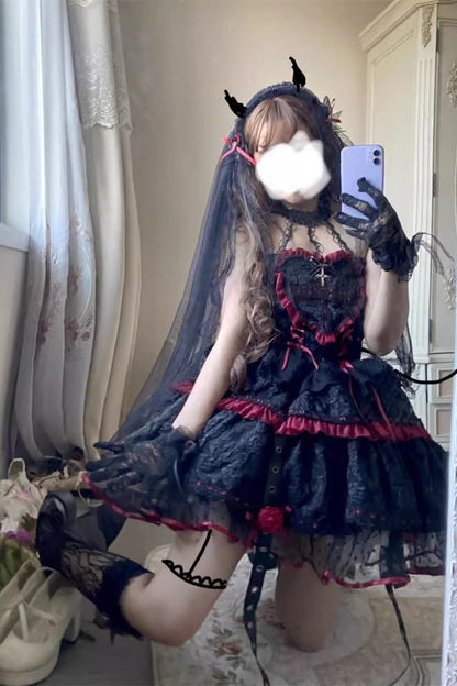 Black/Red Witch Vampire Rose Long Sleeves Print Ruffle Lace-Up Gothic Punk Lolita Dress