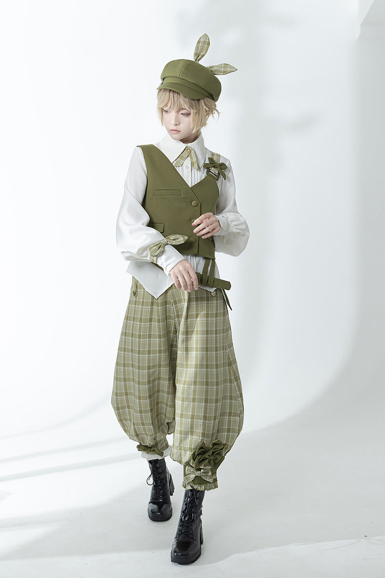Matcha Green Plaid Pants Secret Morning Post Series Cute and Handsome Ouji Lolita Vest