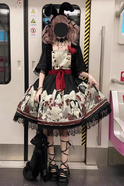 Black [Alice of the Asylum] Print Bowknot Lace Gothic Lolita Dress 2 Versions