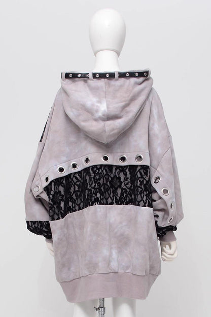 Color Blocking Long Sleeves Print Hooded Tie-dyed Zipper Jirai Kei Japanese Coat