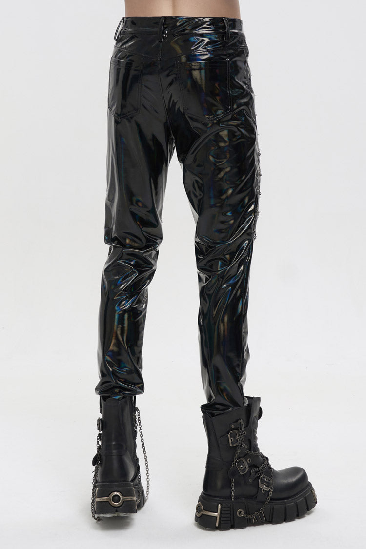 Black Stretch Symphony Metal Chains On Both Sides Versatile Leather Men's Gothic Pants