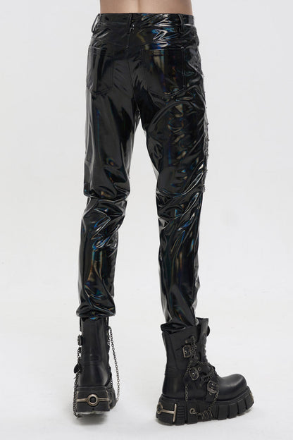 Black Stretch Symphony Metal Chains On Both Sides Versatile Leather Men's Gothic Pants