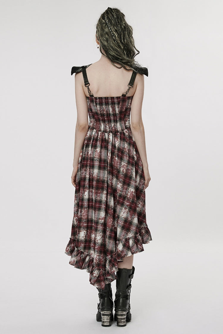 Black/Red Leather Shoulder Strap Plaid Print Ruffle Stitching Irregular Women's Steampunk Dress