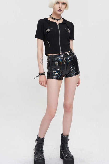 Black Punk Changing Mirror Leather Front Center And Side Metal Zippers Stretch Women's Shorts