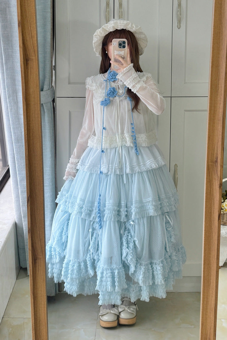Sweet Stand Collar Long Sleeves Multi-Layered Ruffled Color-Blocked Lolita Tiered Dress 14 Colors