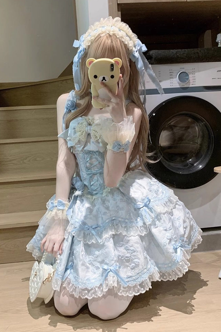 Blue [Floral Overture] Double-Layered Ruffle Embroidery Bowknot Lace Sweet Lolita Jsk Dress