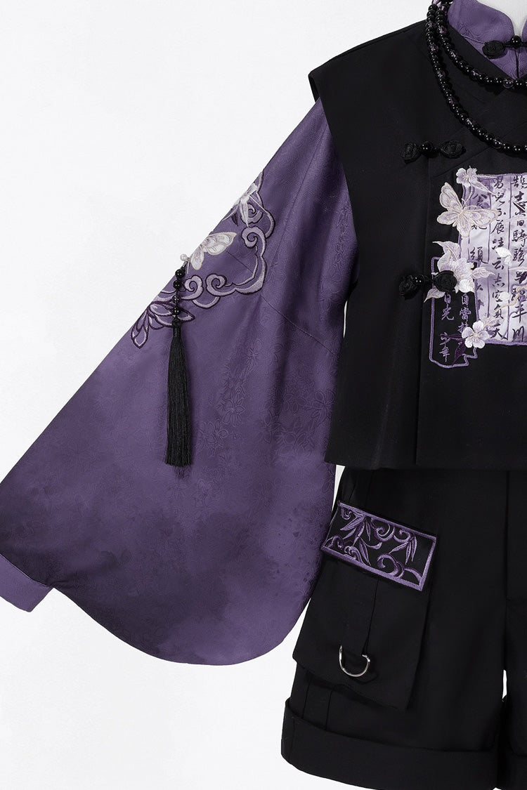 Black/Purple Stand Collar Long Sleeves Embroidery Classic Chinese Style Prince Hanfu Ouji Set