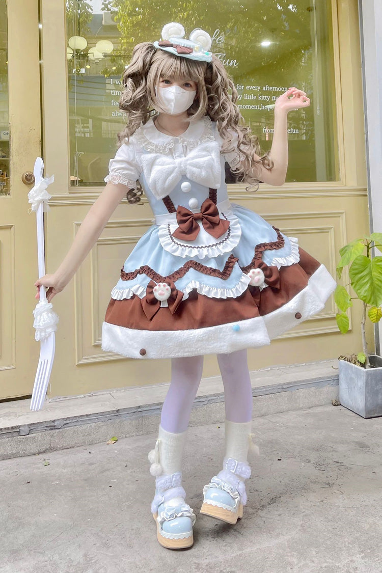 Blue/Brown [Cream Snow Cat] Winter Ruffle Bowknot Sweet Lolita Jsk Dress