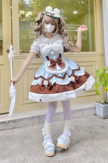 Blue/Brown [Cream Snow Cat] Winter Ruffle Bowknot Sweet Lolita Jsk Dress