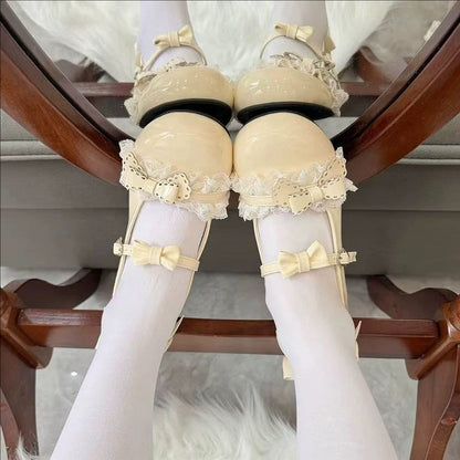 Round Toe Bow Mid Heel Lolita Shoes with Cat Paw Heels 6 Colors