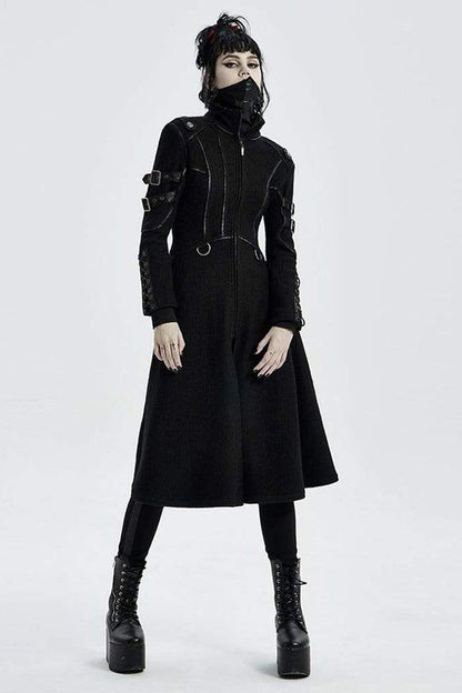 Black Punk Stand Up Collar Metal Buckle Crack Leather Strap Decoration Lace Up Cuff Woolen Women's Coat