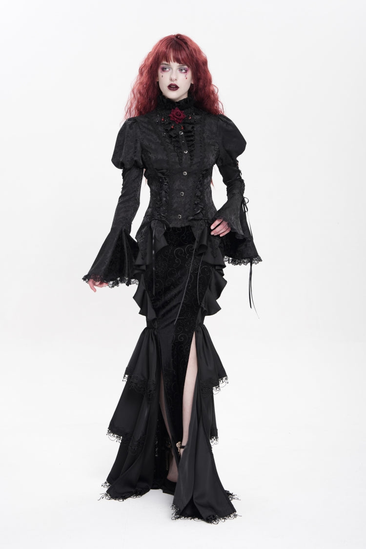 Black Stand Collar Long Puff Sleeves Floral Jacquard Lace-Up Women's Gothic Blouse