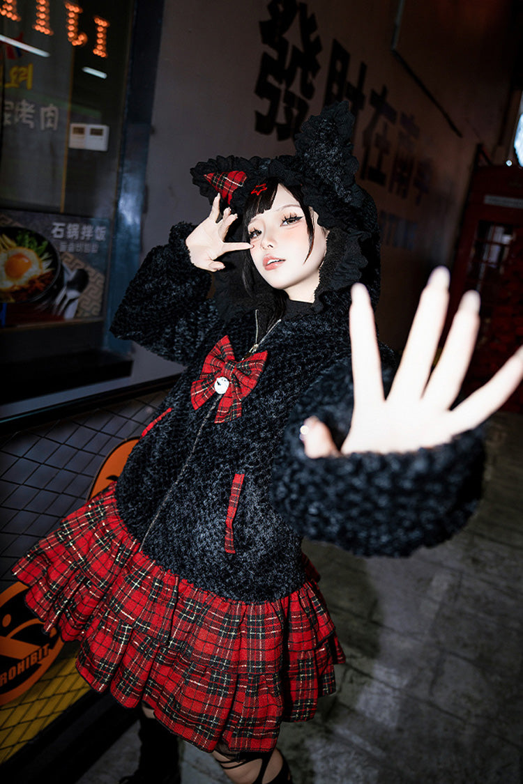 Black/Red [Night Cat] Plaid Print Ruffle Bowknot Hooded Sweet Lolita Skirt Coat