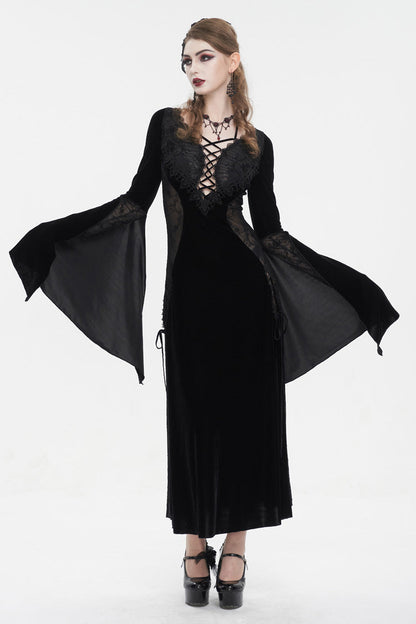Black Velvet Mesh Splice Long Women's Gothic Dress