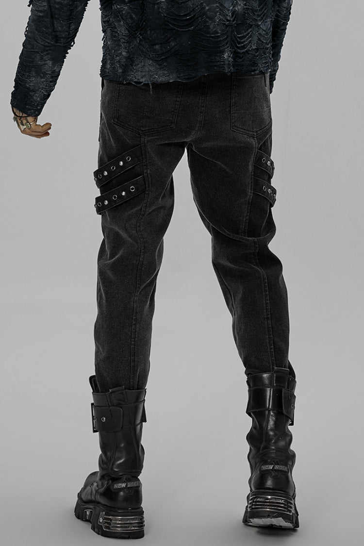 Black Skull Buckles Stitching Metal Nails Men's Steampunk Pants