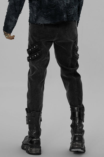 Black Skull Buckles Stitching Metal Nails Men's Steampunk Pants