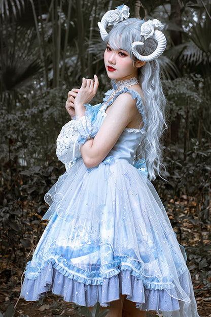 Blue Ruffled Stitching Seam 3D Print Sweet Lolita JSK Dress