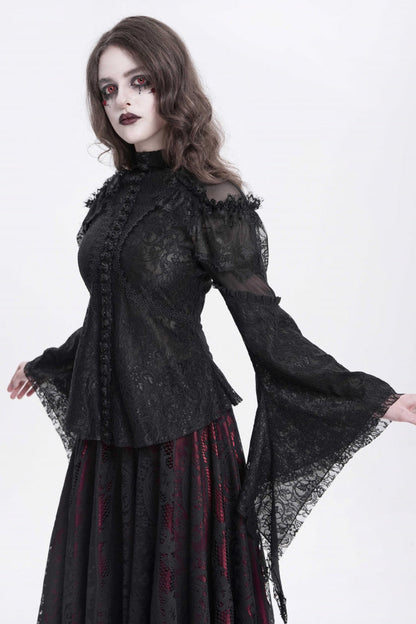 Black Stand Collar Long Trumpet Sleeves Embroidery Stitching Lace Women's Gothic Blouse