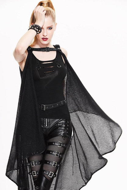 Black Sleeveless Irregular Fishing Net Long Style Hooded Womens Gothic Shawl Coat