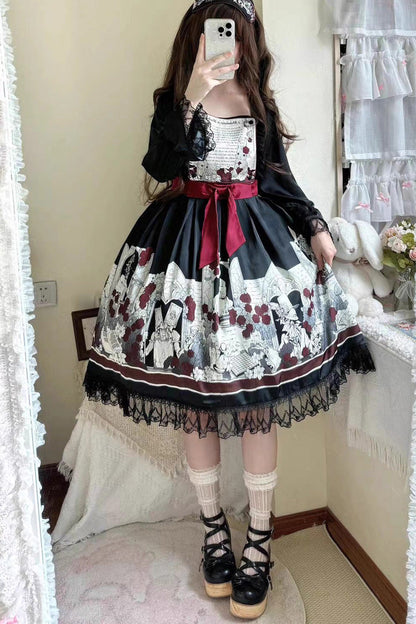 Black [Alice of the Asylum] Print Bowknot Lace Gothic Lolita Dress 2 Versions