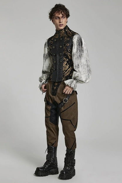 Men's Stand Collar Jacquard Print Stitching Metal Ring Decoration Gothic Vest 2 Colors