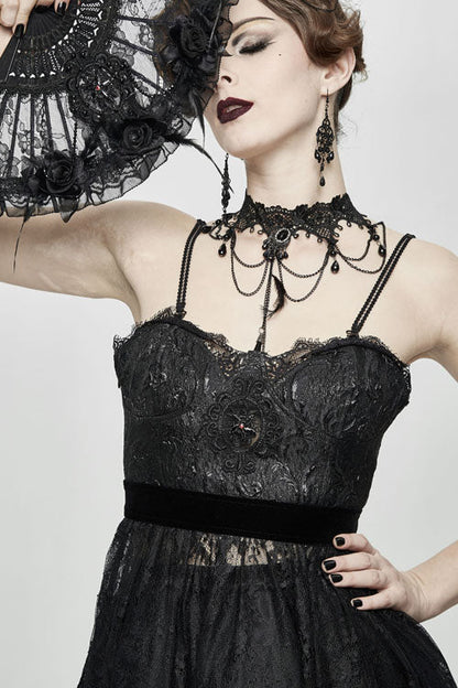 Black Versatile Translucent Sweep Sexy Lace Womens Gothic Dress With Shoulder Straps
