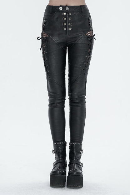 Black Stretch Faux Leather Paneled Mesh Women's Punk Trousers