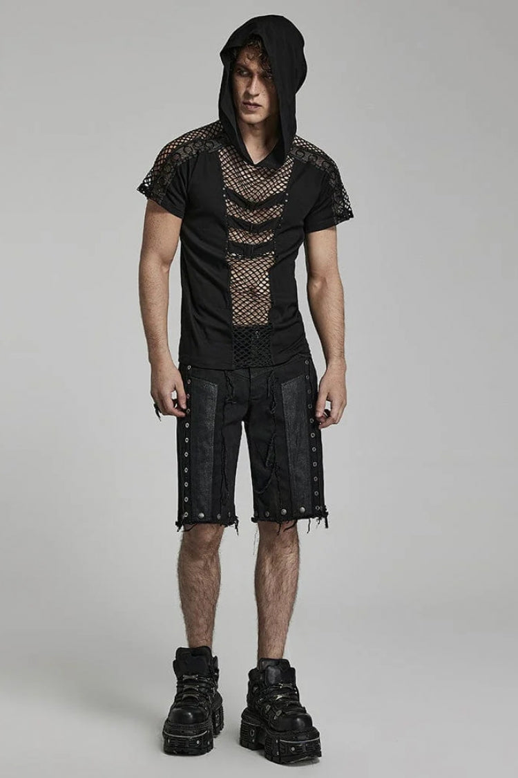 Black Short Sleeves Hollow Stitching Hooded Mesh Mens Steampunk T-Shirt