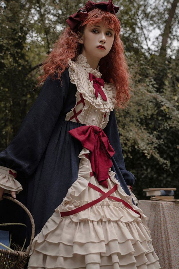 Blue Round Collar Bowknot Long Sleeves Multi-Layer Ruffled Sweet Lolita OP Dress