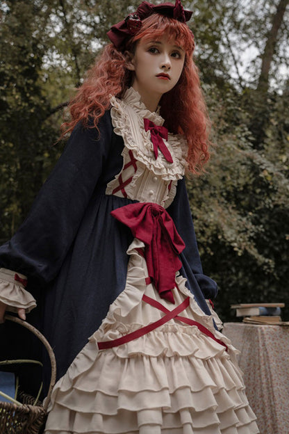 Blue Round Collar Bowknot Long Sleeves Multi-Layer Ruffled Sweet Lolita OP Dress