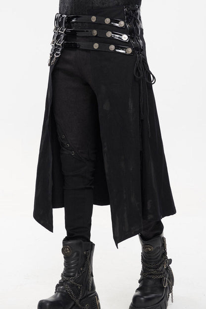 Black Punk Patent Leather Paneled Belt Irregular Print Metal Men's Skirt