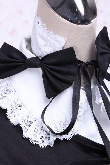 Black/White Cotton Long Sleeves Lace Trim Bowknot Gothic Lolita Dress