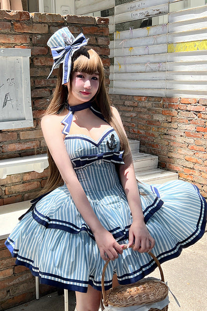 Blue [Sailing Sweetheart] Double-Layered Vertical Stripes Print Ruffle Bowknot Sweet Lolita Dress