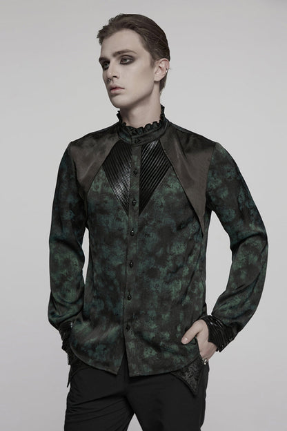 Black/Green Stand Collar Long Sleeves Ruffle Pleated Men's Gothic Blouse