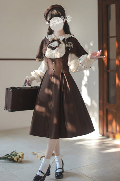 Brown/White [Sunset Academy] Long Sleeves Ruffle Bowknot Fake Two Pieces Vintage College Style Elegant Lolita Dress