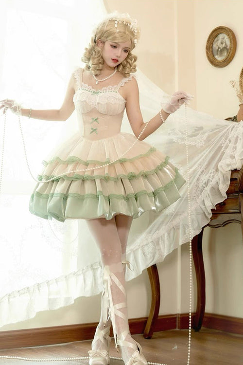 Ivory/Green Glass Dream Multi-layer Ruffle Fish Bone Sweet Lolita Jsk Dress