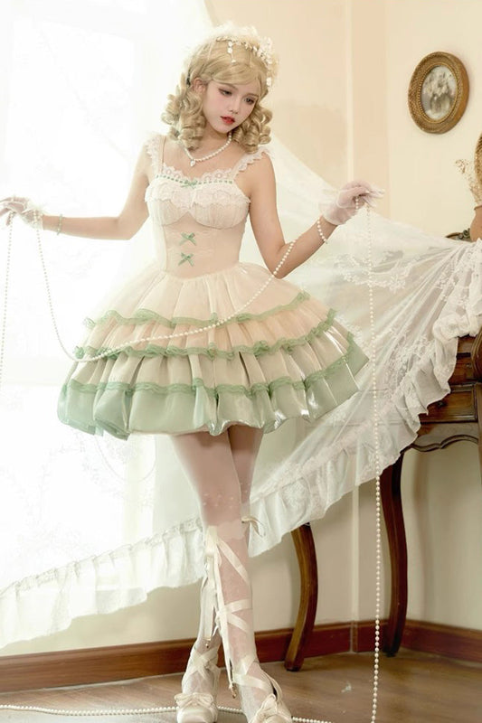 Ivory/Green Glass Dream Multi-layer Ruffle Fish Bone Sweet Lolita Jsk Dress